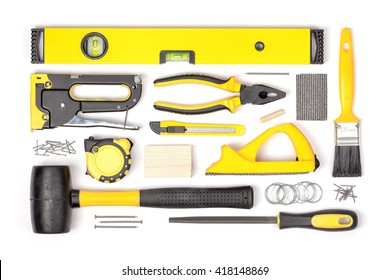 set of carpentry tools on white background top view. carpenter working table. carpentry and woodwork industry flat lay concept
