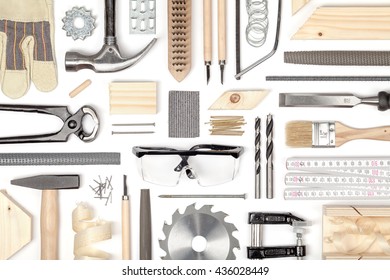 set of carpentry tools on white background top view. carpenter working table. carpentry and woodwork industry flat lay concept - Shutterstock ID 436028449