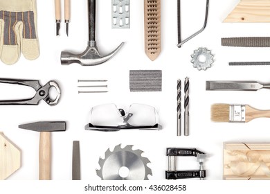 set of carpentry tools on white background top view. carpenter working table. carpentry and woodwork industry flat lay concept - Shutterstock ID 436028458