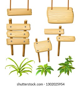 Set cartoon game panels in jungle style with space for text. Isolated wooden gui elements with tropical plants and boards. Illustration on white background. - Shutterstock ID 1302025954