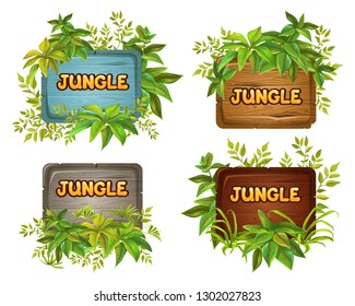 Set cartoon game panels in jungle style with space for text. Isolated wooden gui elements with tropical plants and boards. Illustration on white background. - Shutterstock ID 1302027823