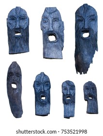 A Set Of Carved Masks Made Of Wood With The Same Facial Expressions And Open Mouths On A White Background