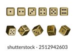 Set of casino premium dice with all numbers and angles, online casino gambling, Luxury dice for games, falling dices, realistic dice Gold theme, 3d rendered.