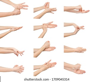 Set of Caucasian woman washing her hands isolated on white background. Demonstration of hand washing. Concept of hygiene and prevention coronavirus.