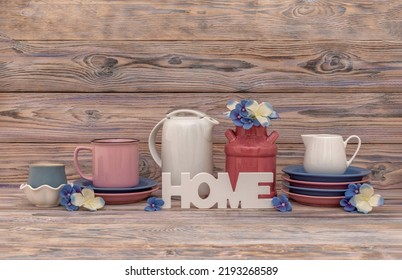 Set Of Ceramic Cookware Blue And Pink. A Plate, A Cup, A Jug And A Vase Of Flowers. The Letters Are The Word Home. Pink Wooden Background. Rustic Style.