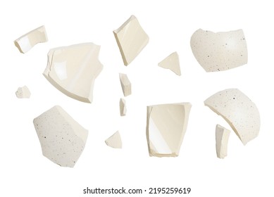 Set Of Ceramic Fragments Of Broken Vase Isolated On White 