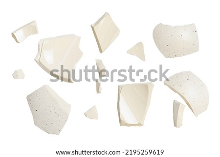 Set of ceramic fragments of broken vase isolated on white 