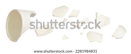 Set of ceramic fragments of broken vase isolated on white