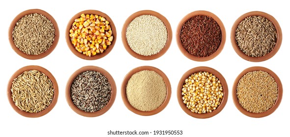 Set cereals, oats grain peel, corn grains, quinoa seeds, red wild rice, spelt, unpeeled oat, tri-color quinoa seeds, amaranth, corn for popcorn, millet in clay pot, isolated on white background