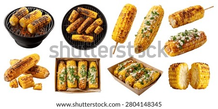 Set of charred grilled corn ribs on the cob, takeaway box, stick, barbecue bbq grill, cotija cheese spice, halved sliced pile stack isolated cutout Mockup
