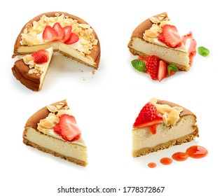 set of cheese cake pieces decorated with strawberries isolated on white background