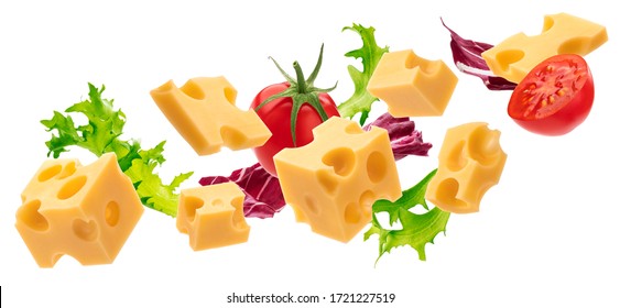 Set Of Cheese Cubes, Pieces Of Swiss Emmental Isolated On White Background With Clipping Path, Cheese Salad