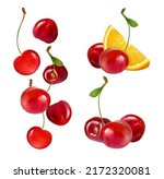 Set of cherry with leaf compositions isolated on white background.
Several large sweet cherries and one orange slice. Elements for package layout design. Lots of berries in the fall. Multifruit juice.