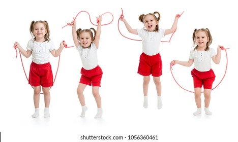 Set Of Child Girl Jumping With Rope Isolated On White