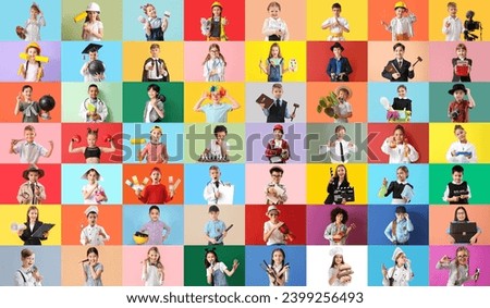 Set of children in uniforms of different professions on color background