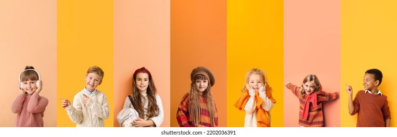 Set of children in warm sweaters on colorful background - Shutterstock ID 2202036391