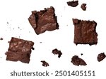 Set of chocolate brownie pieces on white background, top view