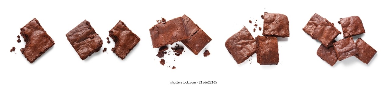 Conjunto de piezas de chocolate brownie sobre fondo blanco, vista superior