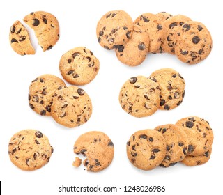 Set Of Chocolate Chip Cookies On White Background, Top View