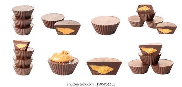 Set of chocolate peanut butter cups on white background