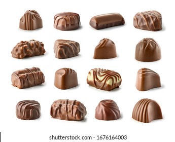 Set Of Chocolate Praline Isolated On White Background, Selective Focus