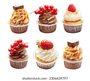 Set of chocolate, vanilla and salted caramel cupcakes with fresh berries and peanuts isolated on white background, png