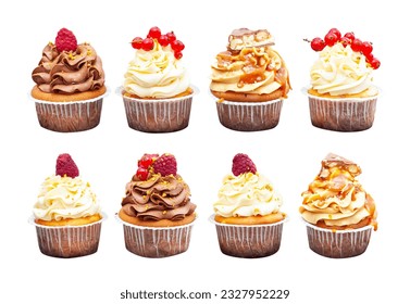 Set of chocolate, vanilla and salted caramel cupcakes with fresh berries and peanuts isolated on white background, png