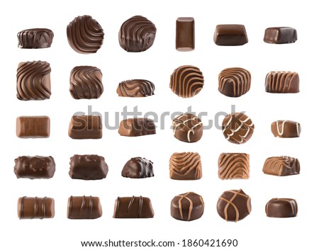 Set of Chocolates Isolated, Chocolate Candies Assorti or Bonbon Top View. Pralines, Sweet Truffle Collection
