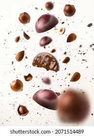 Set Of Chocolates With Nut Praline With Hazelnuts And Almonds. Chocolates Levitation With Nuts And Cocoa Pieces On A White Background.