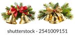 Set of Christmas composition of spruce branches, cones, and golden bells on a white background. Element of design of greeting card, banner