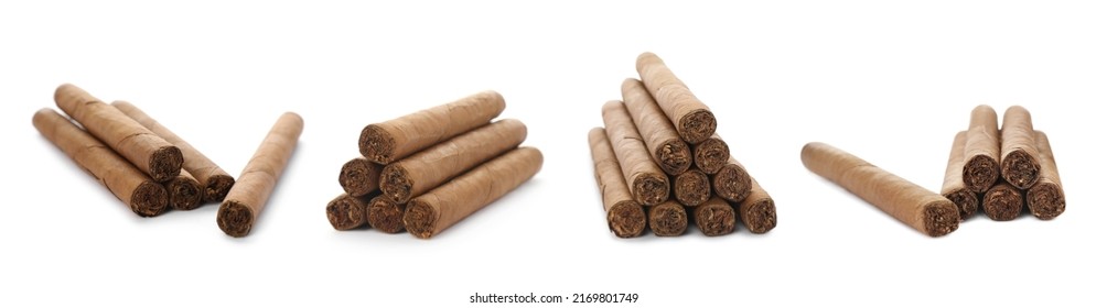 Set Of Cigars Wrapped In Tobacco Leaves On White Background. Banner Design