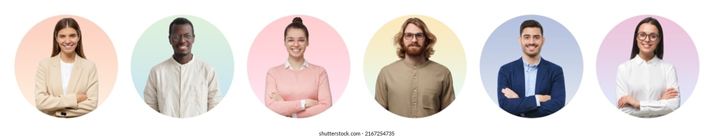 Set of circles and faces of casual business team of various smiling executive people for userpic and profile picture - Shutterstock ID 2167254735