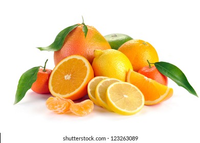 Set Of Citrus Fruit With Leaves On White Background