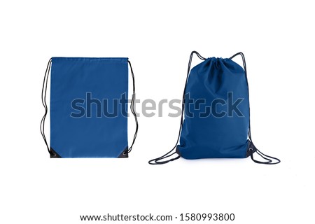 Set of classic blue drawstring packs template, bag for sport shoes isolated on white. Mock up, 2020.