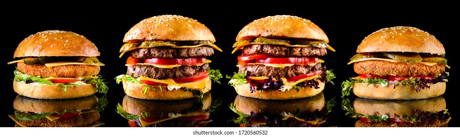 set of classic Burger isolated on black background. Fast food meal. Food collage of various burgers, vegan burger, hamburger, cheeseburger