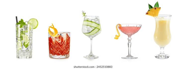 Set of classic cocktails isolated on white background. Beverages menu banner.