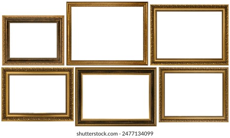 Set Classic Old Vintage Wooden mockup canvas frames isolated on white background. Blank Beautiful and diverse subject moulding baguette. Design element. use for framing paintings, mirrors or photo.