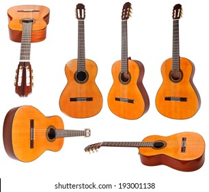 Set Of Classical Acoustic Guitars Isolated On White Background