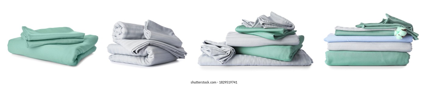 Set Of Clean Bed Sheets On White Background
