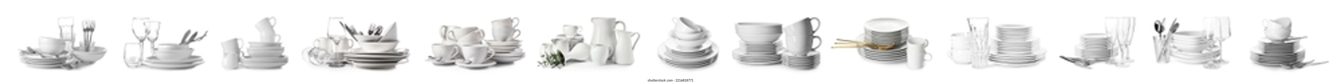 Set of clean dishes and cutlery on white background