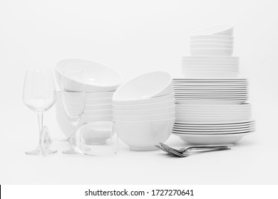 Set Clean Dishes Glasses On White Background