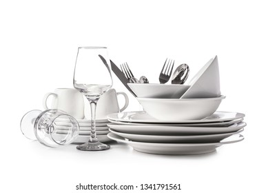 Set Of Clean Dishes On White Background