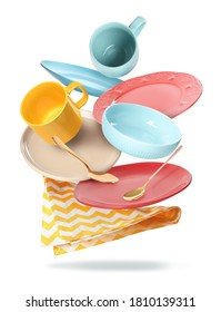 Set of clean tableware and napkin in flight on white background - Shutterstock ID 1810139311