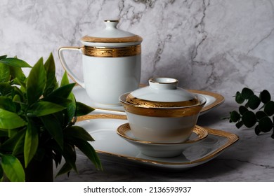 Set of clean tableware on white background - Shutterstock ID 2136593937