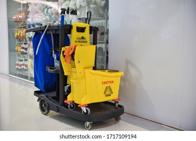 Set Of Cleaning Equipments And Tools For Floor Cleaning At The Department Store.