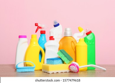 set of cleaning products on the table on a colored background.
