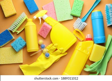 Set cleaning supplies color background