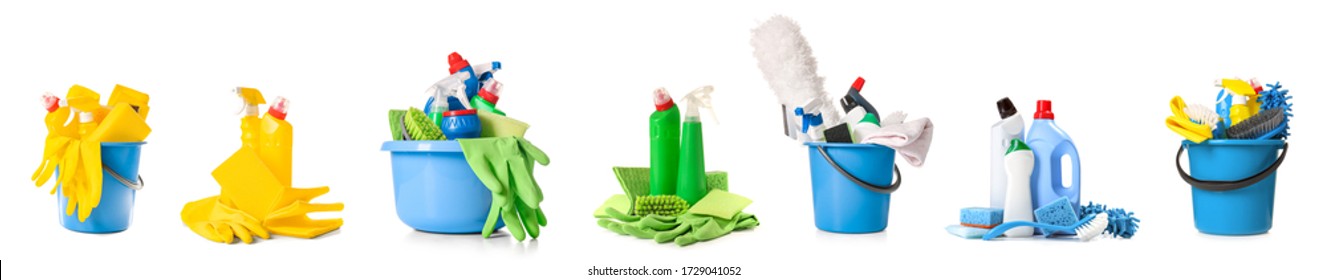 Set cleaning supplies white background