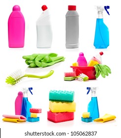 Set Of Cleaning Supplies Photos Isolated On White