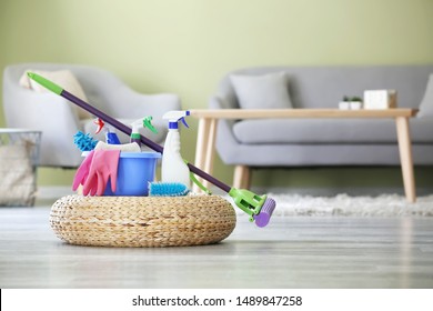 Set Of Cleaning Supplies In Room